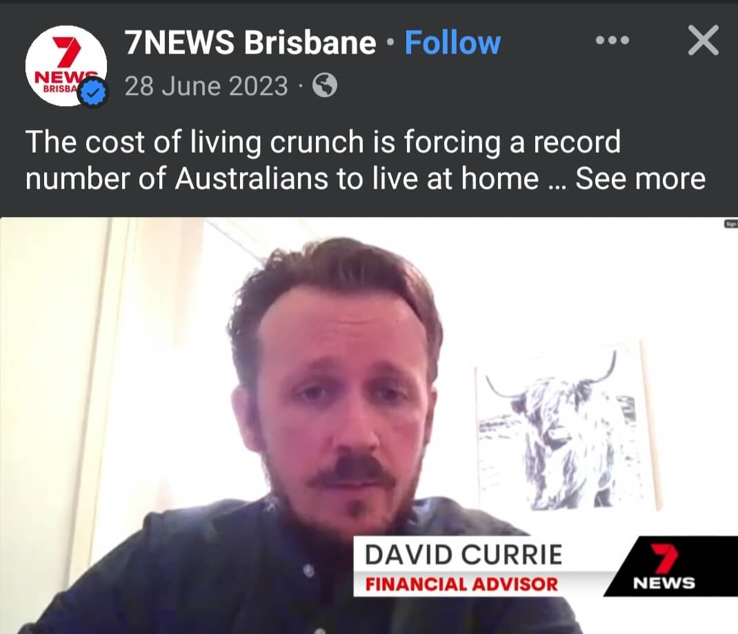 An image of David Currie, Director of Wealthy Self, on a Live Zoom interview for 7News - on millennials living at home